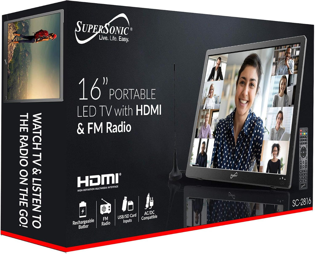 Supersonic SC-2816 16-Inch Widescreen LED TV with Crisp Display, USB/MMC/HDMI Inputs, Rechargeable Battery, FM Radio, and AC/DC Compatibility - Perfect for RVs, Home, and On-The-Go Entertainment