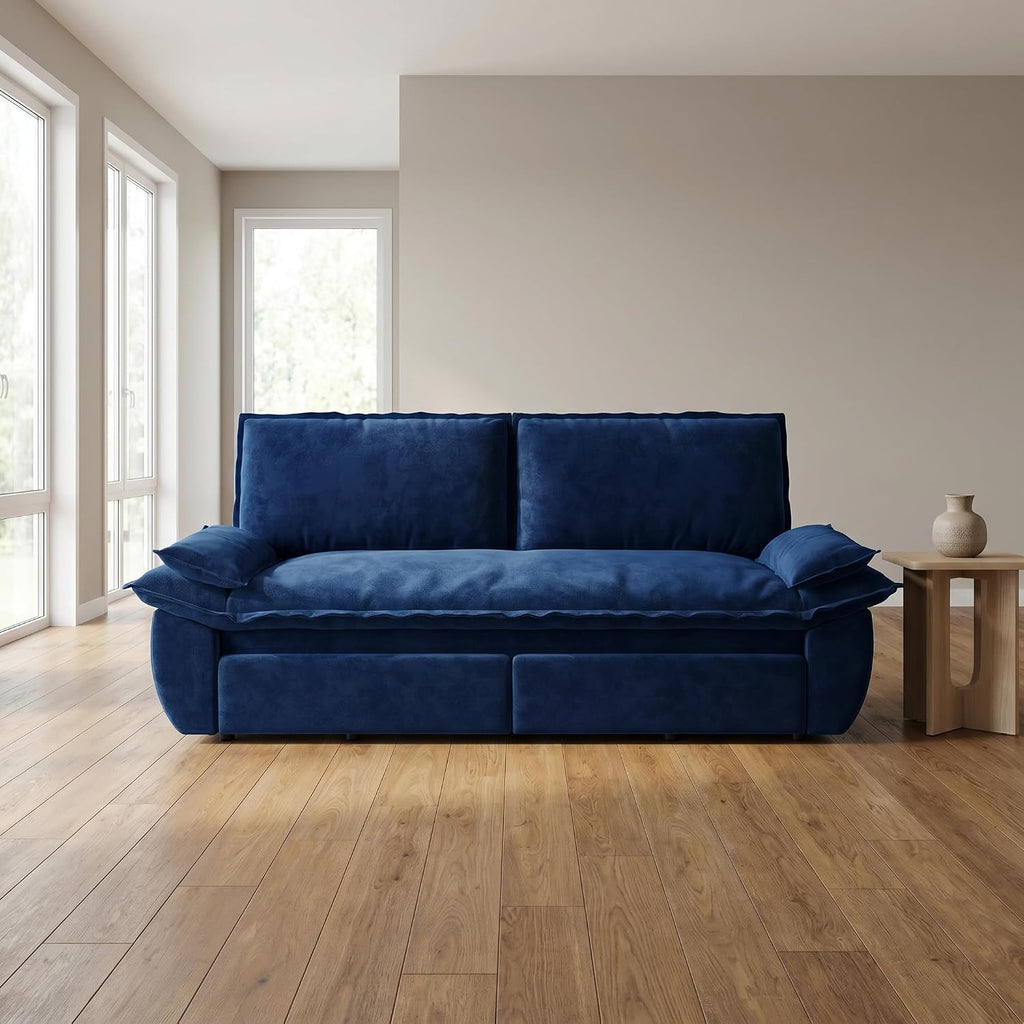 73.2' Sofa Bed Queen, 3-in-1 Pull Out Sofa Bed with Pillow Armrest, Modern Velvet Convertible Sleeper Futon Sofa for Living Room Small Space, Apartment, Bedroom, Blue