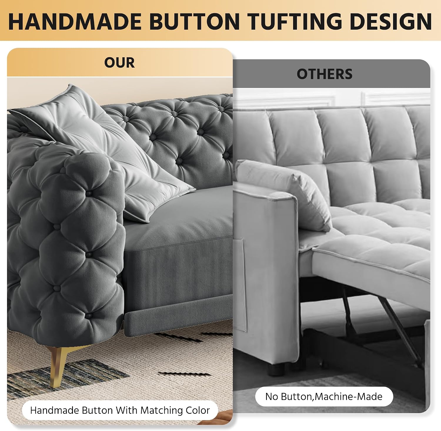 97.7' King Pull Out Sofa Bed, Velvet Chesterfield Sleeper Sofa Couch, 3 in 1 Convertible Tufted Futon Couches with Ottoman for Living Room, Small Space, Apartment, Office, Bedroom, Dark Gray
