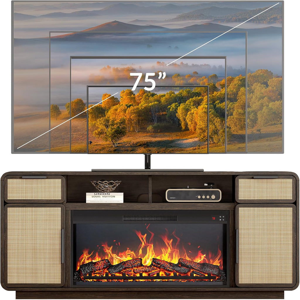 BELLEZE 68' TV Stand for TV Up to 75',Boho Entertainment Center with 36' Electric Fireplace Heater with Sound, Rattan Decorated Console Table Storage Cabinet for Living Room, Bedroom - (Brown)