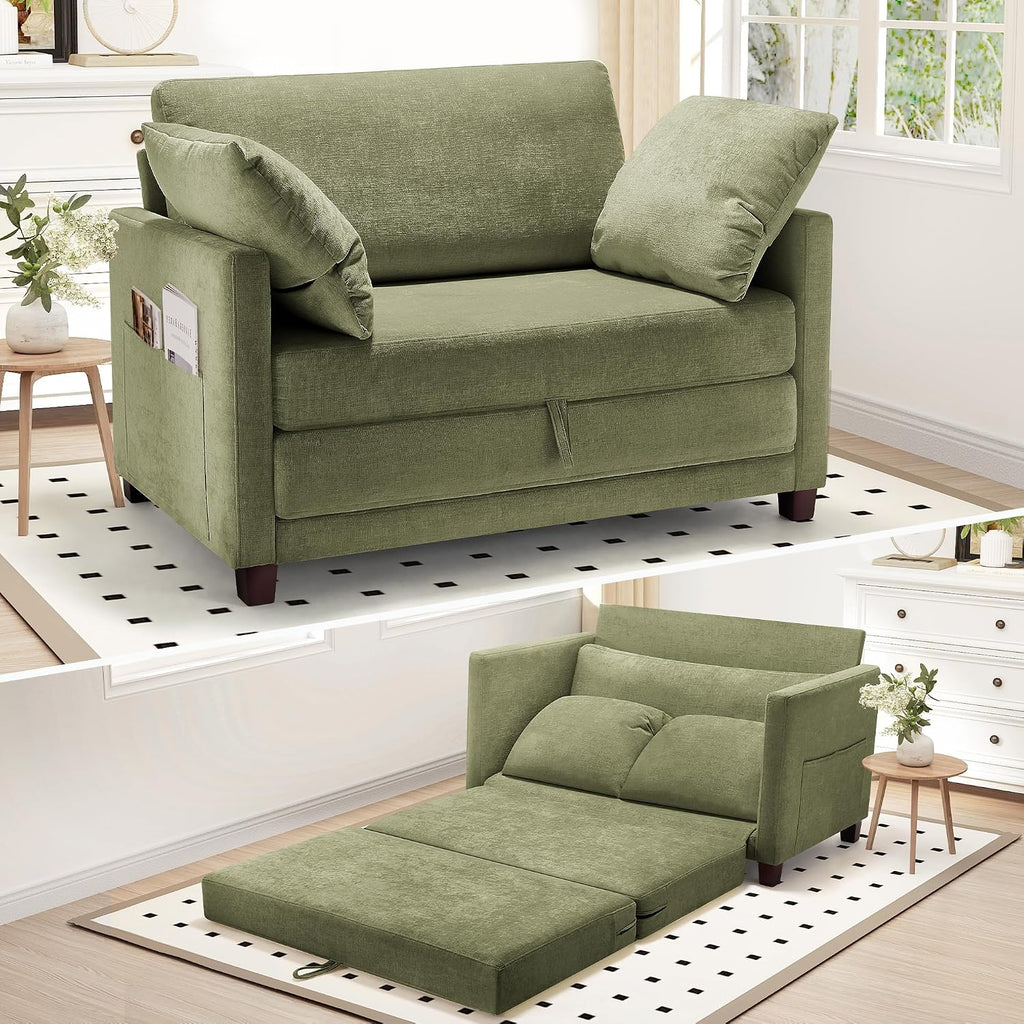 51' Convertible Loveseat Sofa Bed, 2 in1 Folding Sofa Bed, Loveseat Sleeper Sofa for Small Spaces, Fold Out Floor Couch with 2 Pillows for Apartment, Living Room & Guest Room, Green Chenille Fabric
