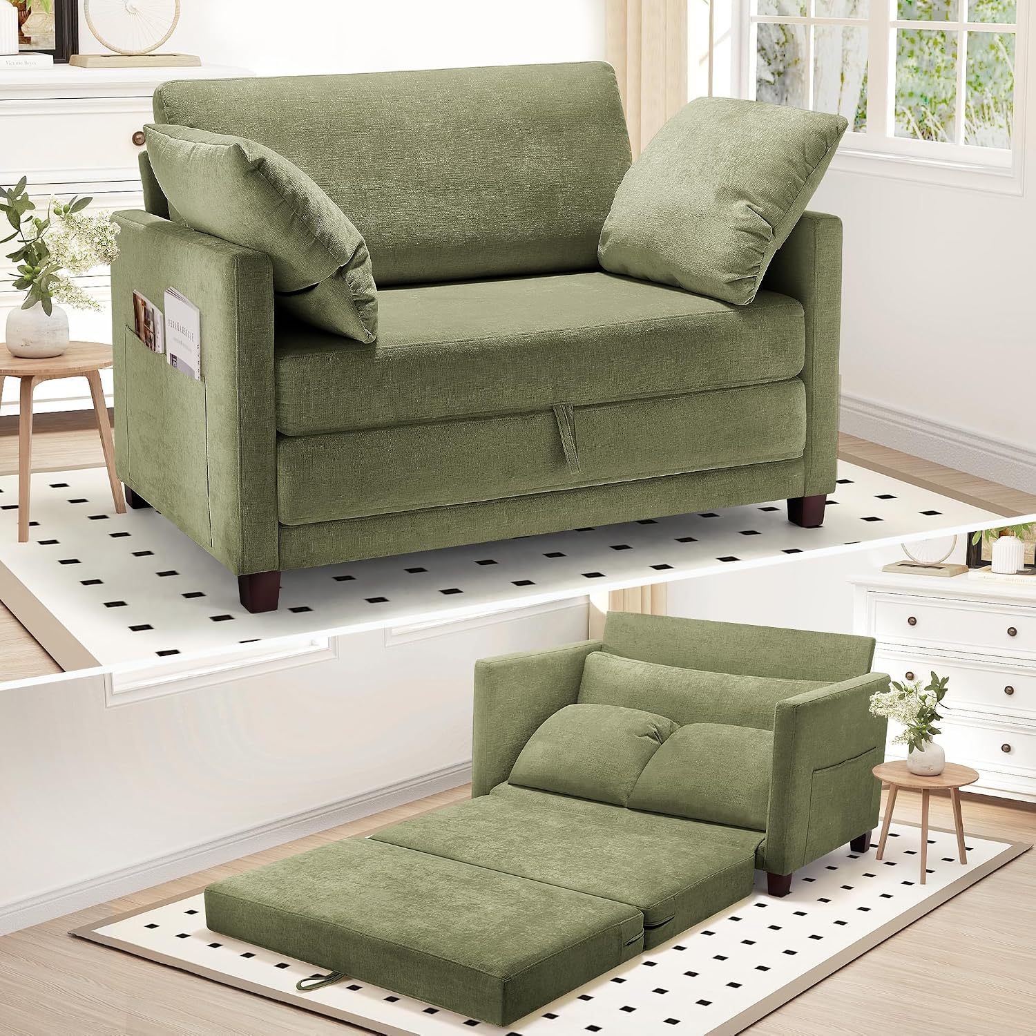 51' Convertible Loveseat Sofa Bed, 2 in1 Folding Sofa Bed, Loveseat Sleeper Sofa for Small Spaces, Fold Out Floor Couch with 2 Pillows for Apartment, Living Room & Guest Room, Green Chenille Fabric