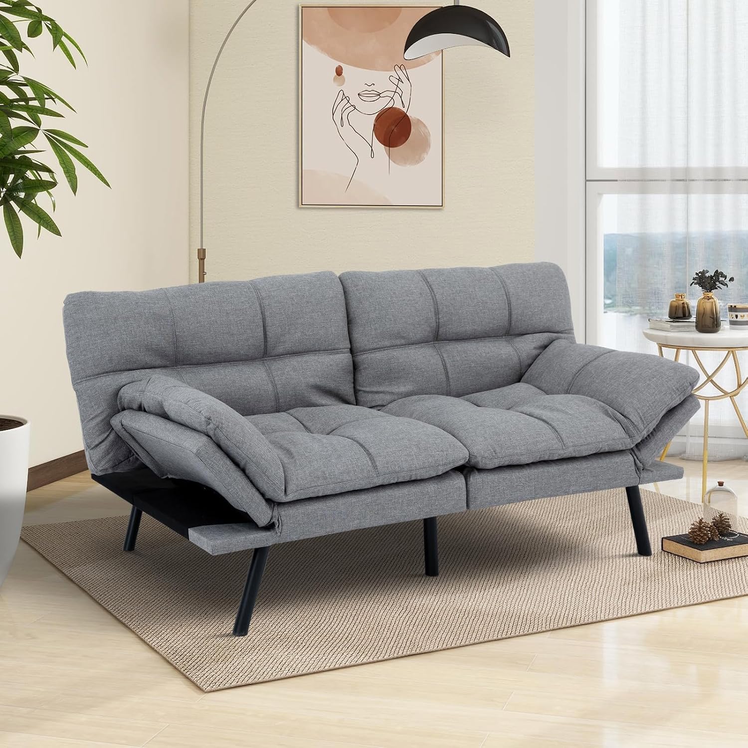 MUUEGM Futon Sofa Bed,Memory Foam Modern Convertible Couch Bed,Folding Futon Sleeper Couch with Compact Living Space,Apartment,Dorm,Bonus Room,71' D x 33' W x 31.5' H,Grey