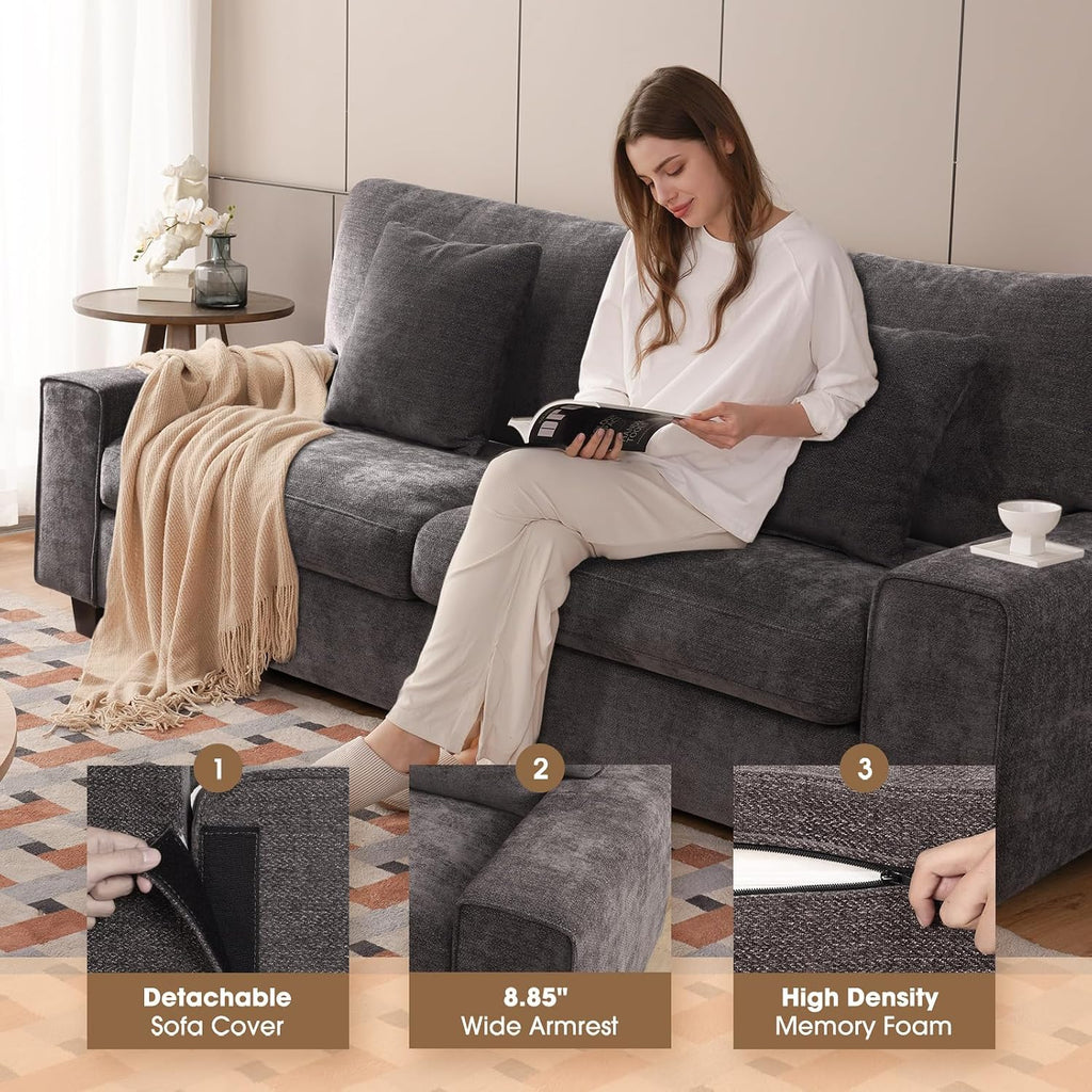 DOPEDIO Modern Living Room Sofa Set, 88.58' Chenille Loveseat with 2 Accent Chairs, Removable Covers, Spring Cushions, Solid Wood Frame, Easy Assembly（88.58inch+2 Single,Dark Grey）