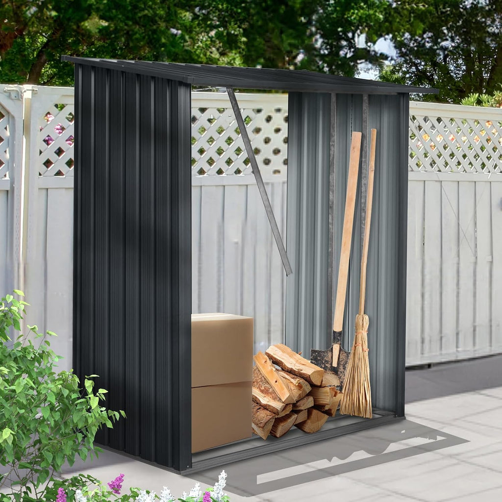 JT 5 x 3 FT Metal Firewood Rack, Galvanised Steel Garden Log Storage Shed, Metal Firewood Shed Holder, Outdoor Log Rack for Backyard, Black