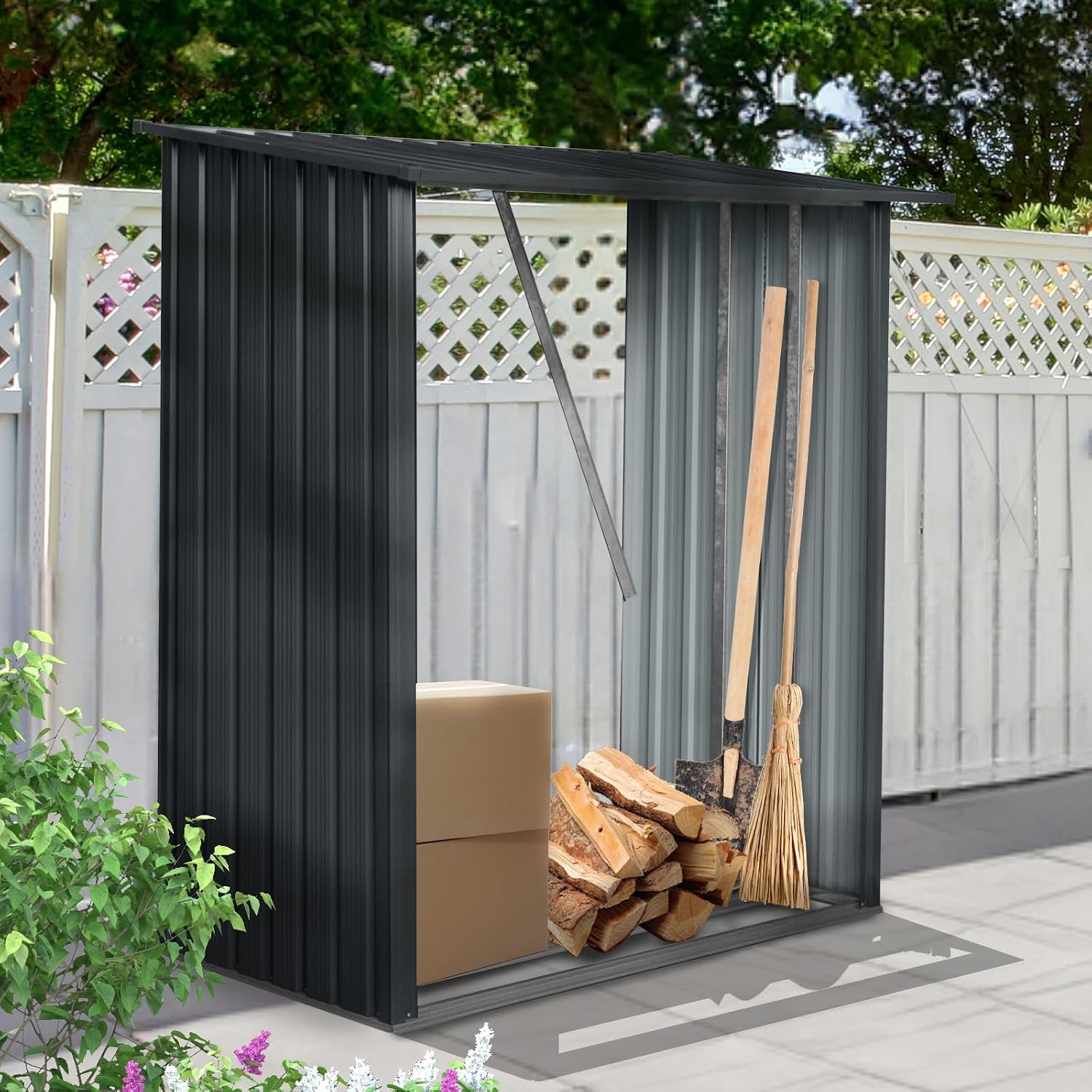 JT 5 x 3 FT Metal Firewood Rack, Galvanised Steel Garden Log Storage Shed, Metal Firewood Shed Holder, Outdoor Log Rack for Backyard, Black
