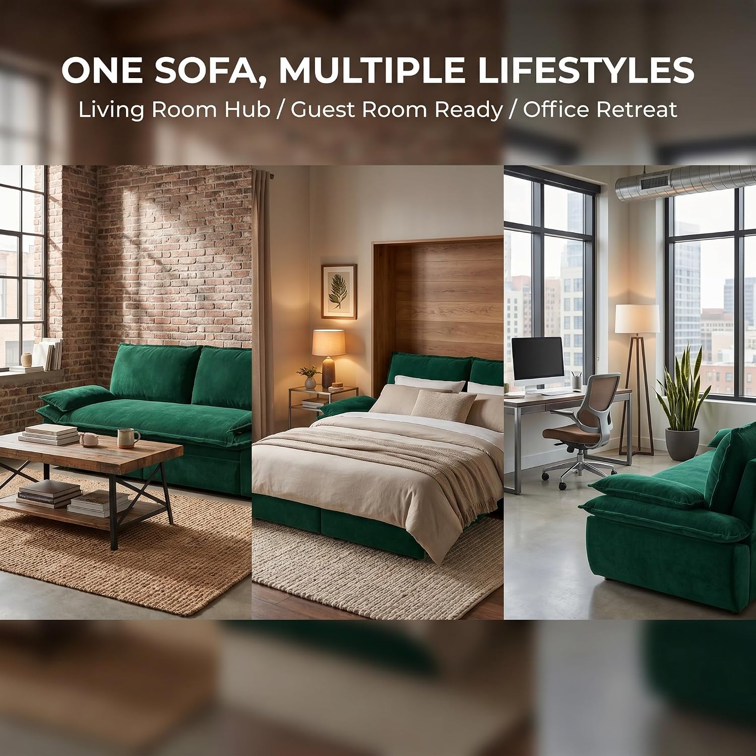 73.2' Sofa Bed Queen, 3-in-1 Pull Out Sofa Bed with Pillow Armrest, Modern Velvet Convertible Sleeper Futon Sofa for Living Room Small Space, Apartment, Bedroom, Green
