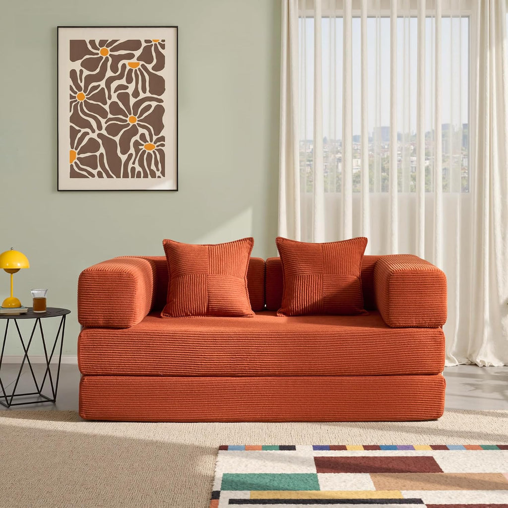 YINIX Sofa Bed, 62'' Folding Floor Couch, Compressed Convertable Sleeper Sofa, Memory Foam Couch with Pillow Back Support Armrest, 4-in-1 Futon Sofa Bed for Living Room, Tangerine