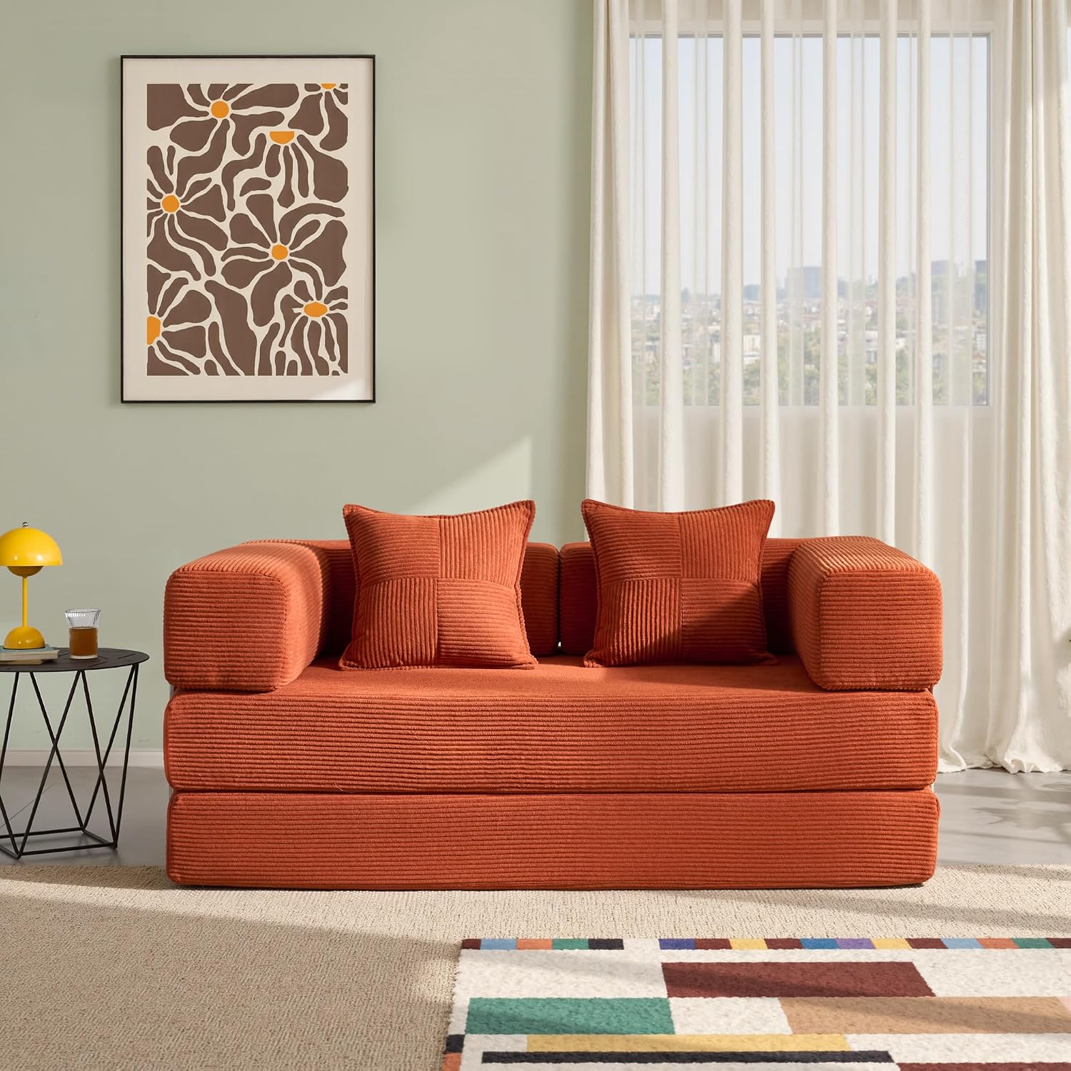 YINIX Sofa Bed, 62'' Folding Floor Couch, Compressed Convertable Sleeper Sofa, Memory Foam Couch with Pillow Back Support Armrest, 4-in-1 Futon Sofa Bed for Living Room, Tangerine