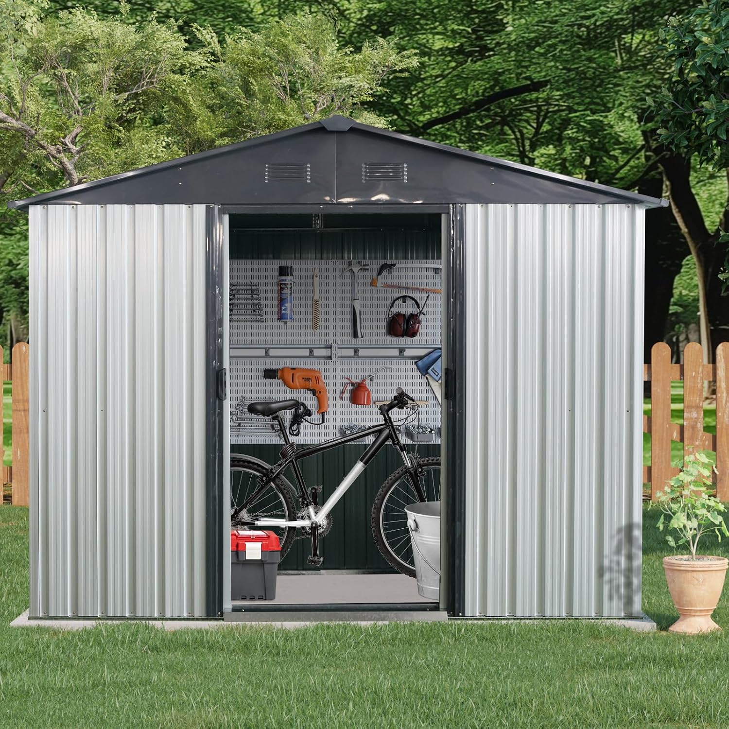 8ft x 4ft Outdoor Metal Storage Shed with Window and Metal Foundation,UV Protection & Waterproof Garden Tools Storage for Backyard, Patio, Lawn (White)