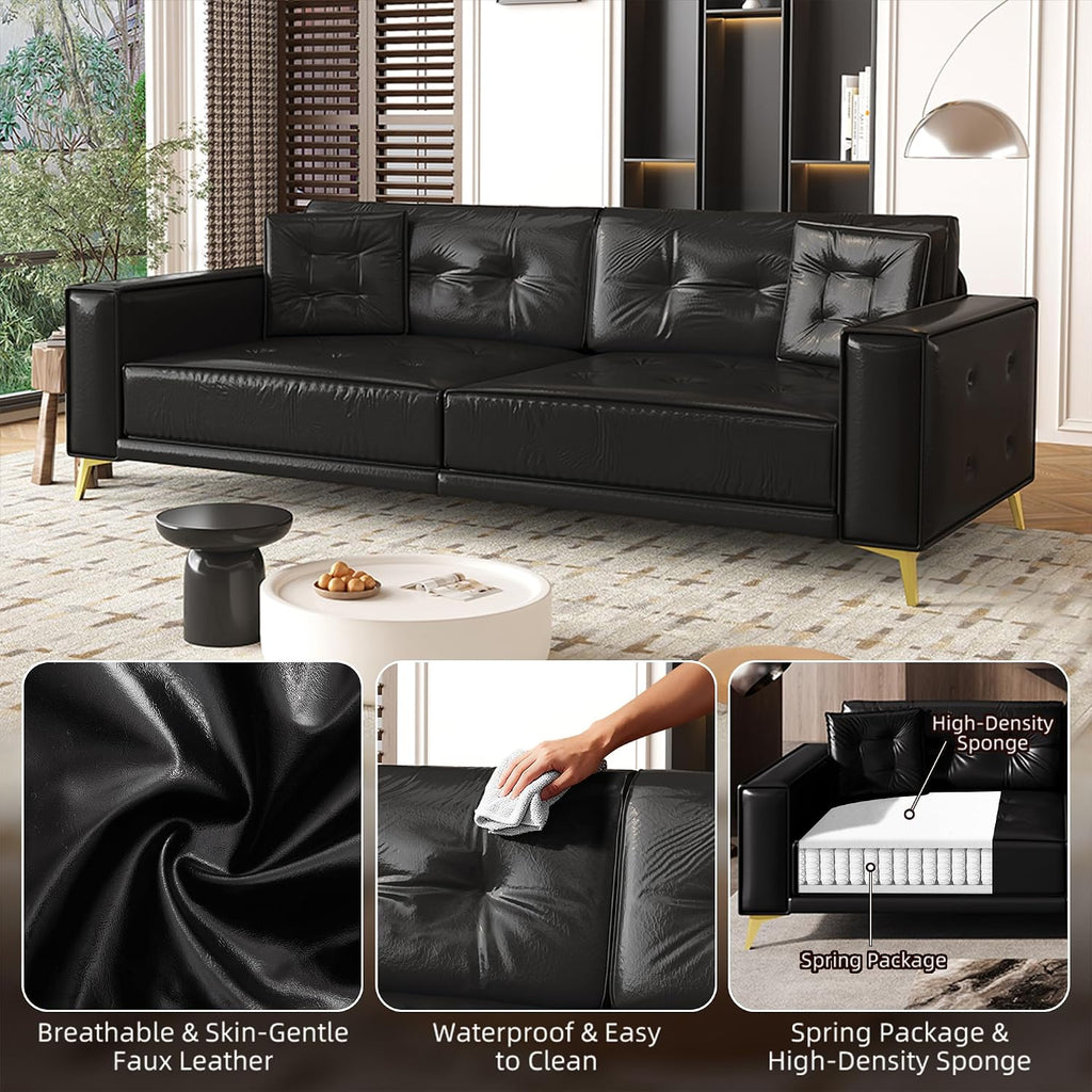 92.1'' King Pull out Sofa Bed, Convertible Futon Couch, 3-in-1 Faux Leather Sleeper Sofa with Tufted Back, 2 Pillows, Gold Legs, Deep Folding Loveseat Couches for Living Room, Apartment, Black