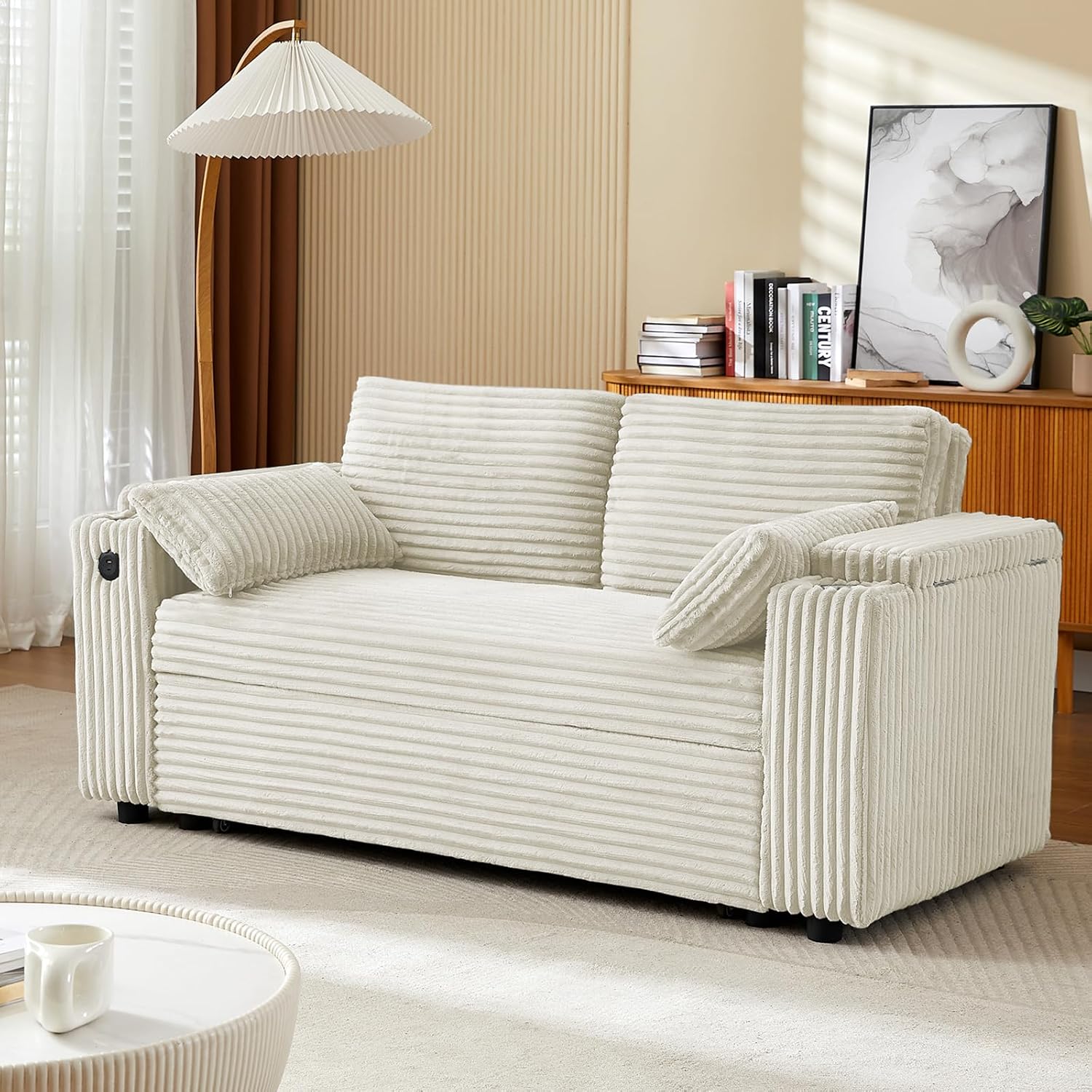 hansones 68.11' Corduroy Sleeper Chair Bed with USB Port, Cup Holders & Side Storage Pockets – 3-in-1 Foldable Sofa Bed for Guest Room, Living Room – White