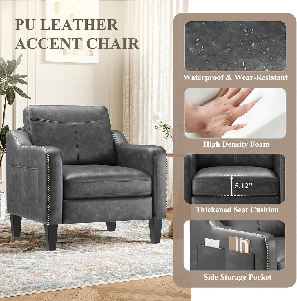 MALOL PU Leather Accent Chair Set of 2, Mid-Century Modern Living Room Armchair Sofa with Removable Cushions, Solid Wood Frame & Stitched Armrest Design, Bedroom Chair with Plastic Legs, Black