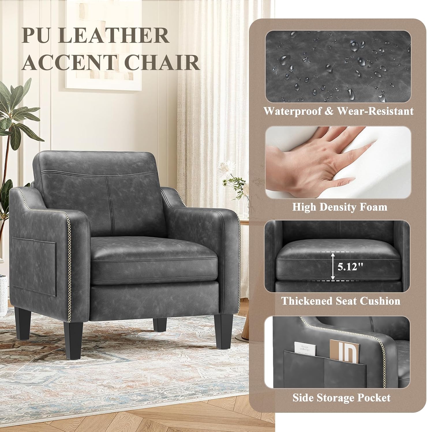 MALOL PU Leather Accent Chair Set of 2, Mid-Century Modern Living Room Armchair Sofa with Removable Cushions, Solid Wood Frame & Stitched Armrest Design, Bedroom Chair with Plastic Legs, Black