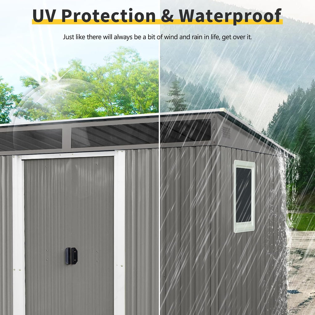 KEIKI 8x6 FT Outdoor Metal Storage Shed with Sloped Roof,Window,Transparent Plate and Lockable Door for Garden Yard Lawn