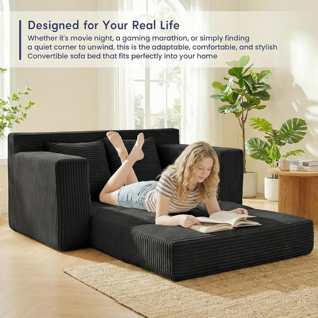 cidludto Boneless Couch Loveseat Sleeper, Convertible Sofa Bed Folding Couch Bed Foldable, 2 in 1 Boneless Chair Bed & Futon Sofa Bed, Small Pull Out Sofa with 4 Pillows for Living Room, Black | No Assembly, Convertible, 2 in 1, Pull Out Handle, 4 Pillows