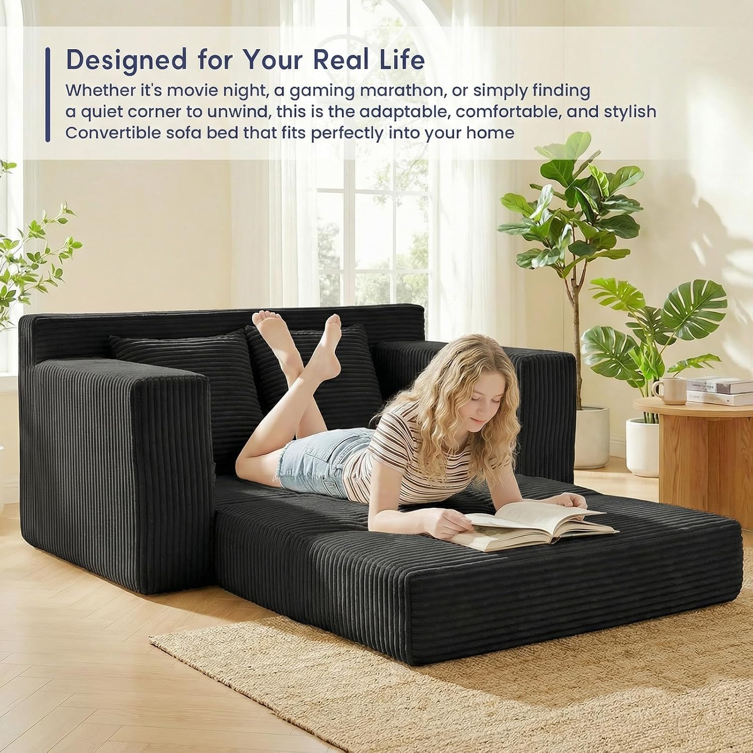 cidludto Boneless Couch Loveseat Sleeper, Convertible Sofa Bed Folding Couch Bed Foldable, 2 in 1 Boneless Chair Bed & Futon Sofa Bed, Small Pull Out Sofa with 4 Pillows for Living Room, Black | No Assembly, Convertible, 2 in 1, Pull Out Handle, 4 Pillows