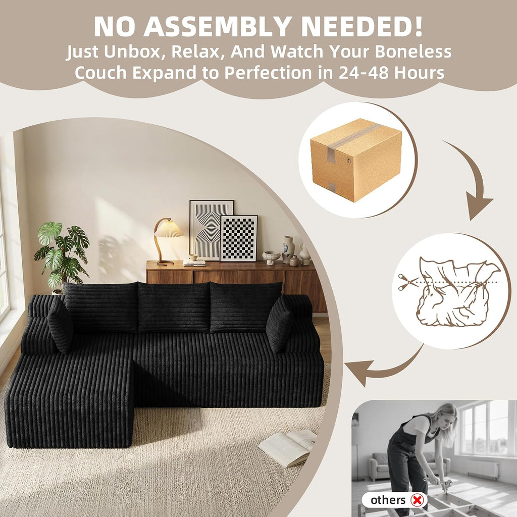 2026 New Boneless Couch, No Assembly Cloud Couch Sectional with Deep Seat & Chaise for Small Spaces, Upholstered Boneless Sectional Couch for Living Room, L Shaped Couch with Left Facing Chaise, Black