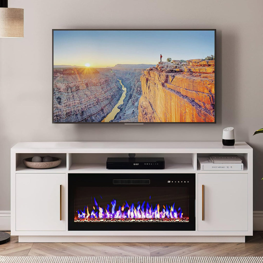 BELLEZE 70' Fireplace TV Stand for TVs Up to 80', LED Light Entertainment Center with 36' Electric Fireplace Heater, Storage Cabinet, Media Console Table for Living Room - Avenue (White)