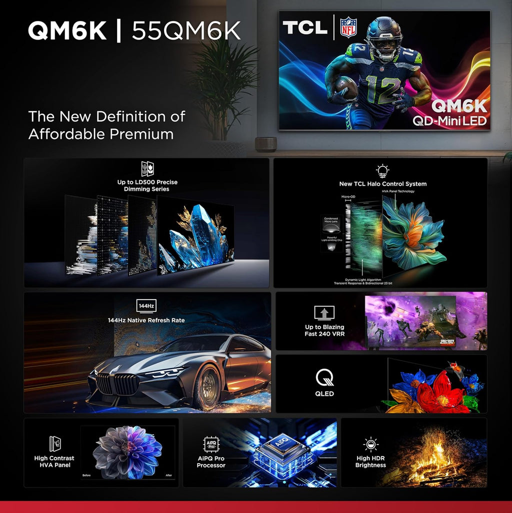 TCL 55 Inch Class QM6K Series | Mini LED QLED 4K HDR | 55QM6K, 2025 Model | 120HZ-144HZ High Brightness Smart Google TV Dolby Atmos Onkyo Audio | Voice Remote Alexa Gaming Streaming Television