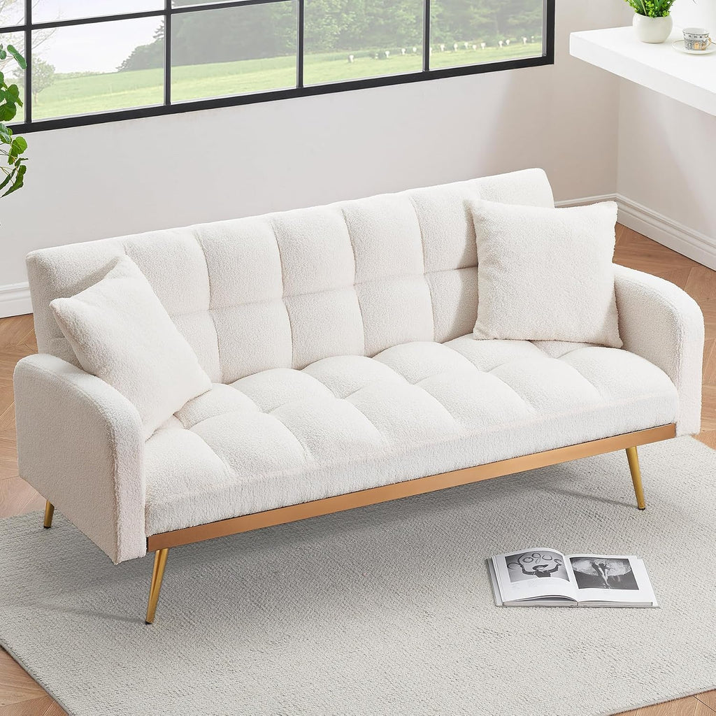 Comfy Futon Sofa Bed with 2 Pillows, White Futon Couch Bed with Gold Legs, Small Convertible Sofa Bed Couch for Living Room, Modern Loveseat for Bedroom, Curved Arms, Plush Tufted-Shaped,Teddy (Beige)