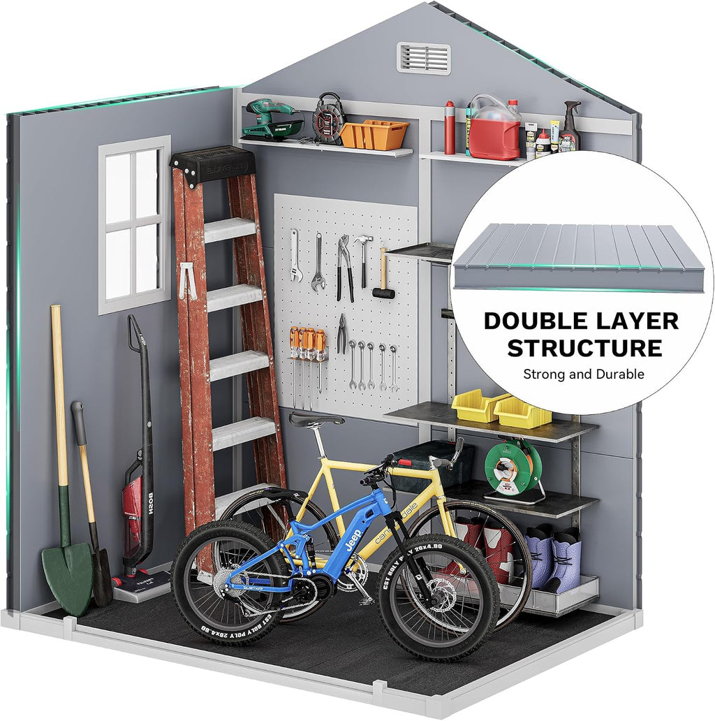 DWVO 6x4.4 FT Outdoor Resin Storage Shed with Reinforced Floor, All-Weather Bike Storage Shed with Lockable Door, Window and Vent, Waterproof Plastic Tool Storage for Garden, Backyard, Patio, Lawn