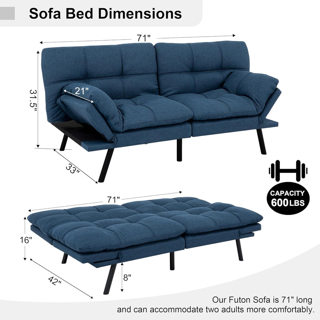 MUUEGM Futon Sofa Bed, 71' Comfortable Memory Foam Futon Sofa with Adjustable Backrest & Armrests,Convertible Folding Loveseat Recliner Sleeper Sofa Bed for Compact Living Room, Apartment, Office,Blue