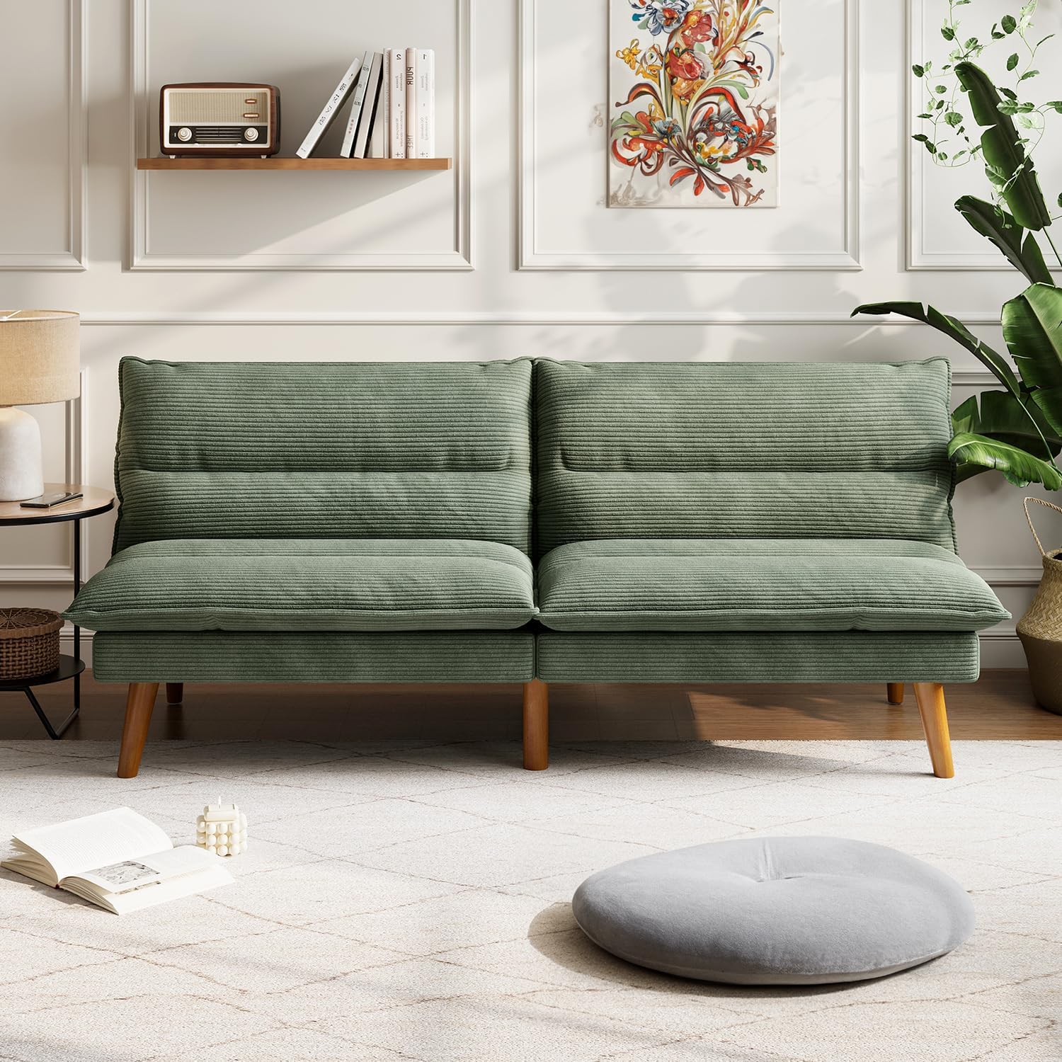 LINSY Futon Sofa Bed: Corduroy Futon Couch with Adjustable Backrest, Comfy Loveseat Convertible Folding Sleeper Sofa Couches for Small Spaces Living Rooms Apartment Office, Green