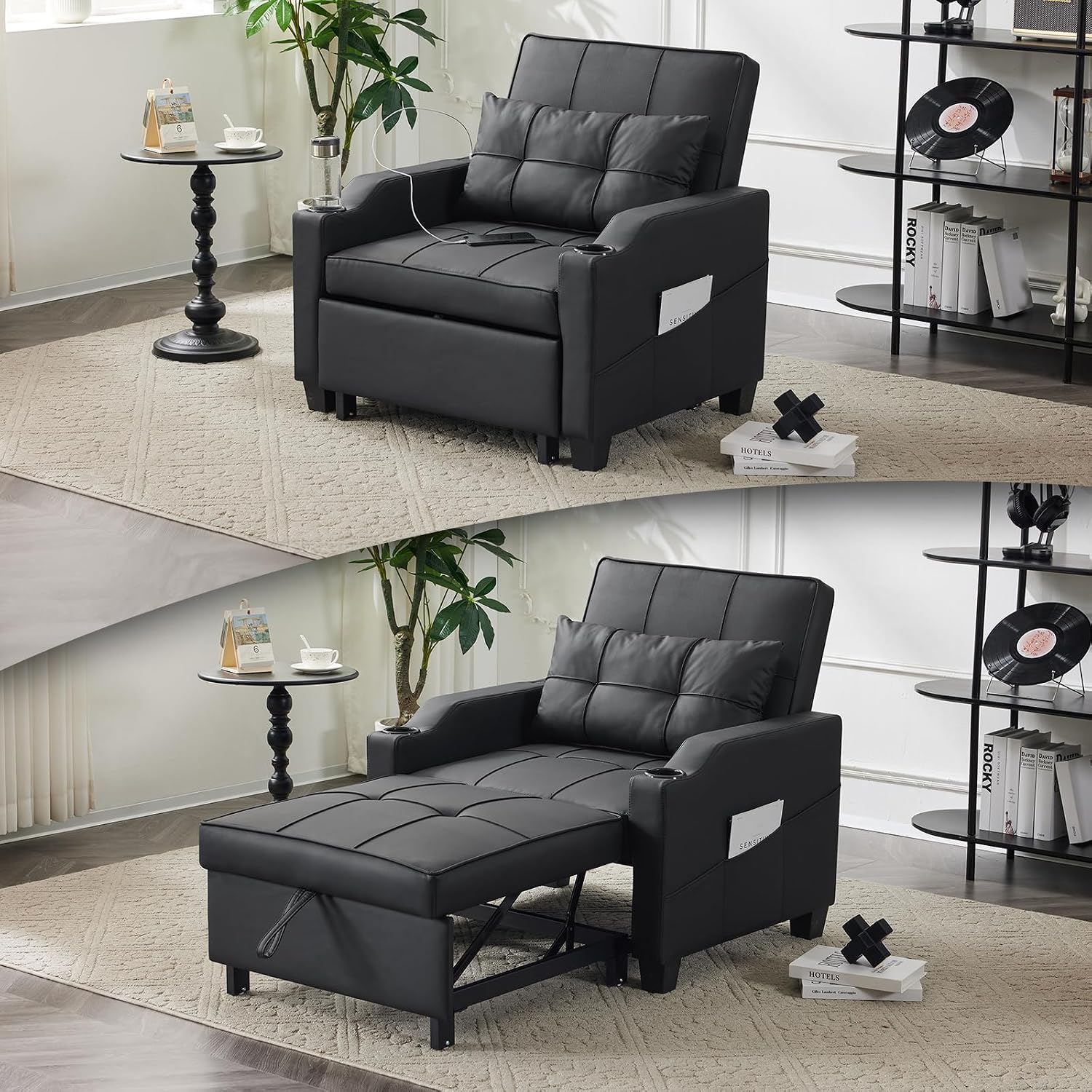 VINGLI Black Sleeper Chair Bed 3-in-1 Convertible Futon Sofa Bed Pull Out Couch Bed Adjustable Recliner Chair with USB Ports Cup Holders Side Pockets for Living Room Bedroom Small Spaces