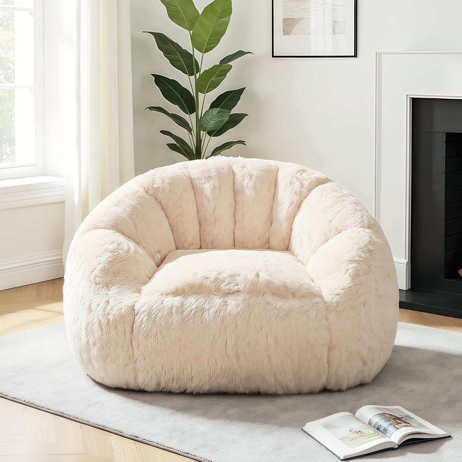 CangLong Large Bean Bag Chair with Filler, Plush Fluffy Shell Design Lounger for Adults, Ergonomic Reading Gaming Chair for Bedroom, Living Room, Dorm, Game - Light Apricot, 400lbs Support