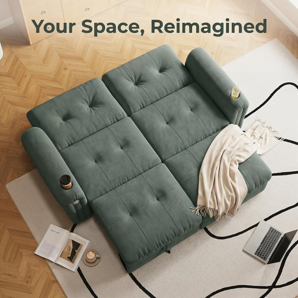 Convertible Couches, Queen Size Pull Out Sofa Bed with USB Charging Port and Cup Holders, Plannelette Fabric Convertible Sofa Bed for Small Space, Living Room, Apartment, Guest Room, Green