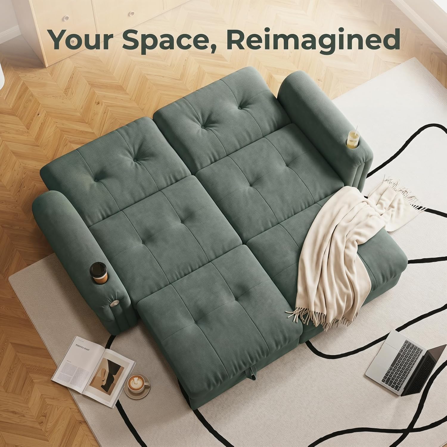 Convertible Couches, Queen Size Pull Out Sofa Bed with USB Charging Port and Cup Holders, Plannelette Fabric Convertible Sofa Bed for Small Space, Living Room, Apartment, Guest Room, Green