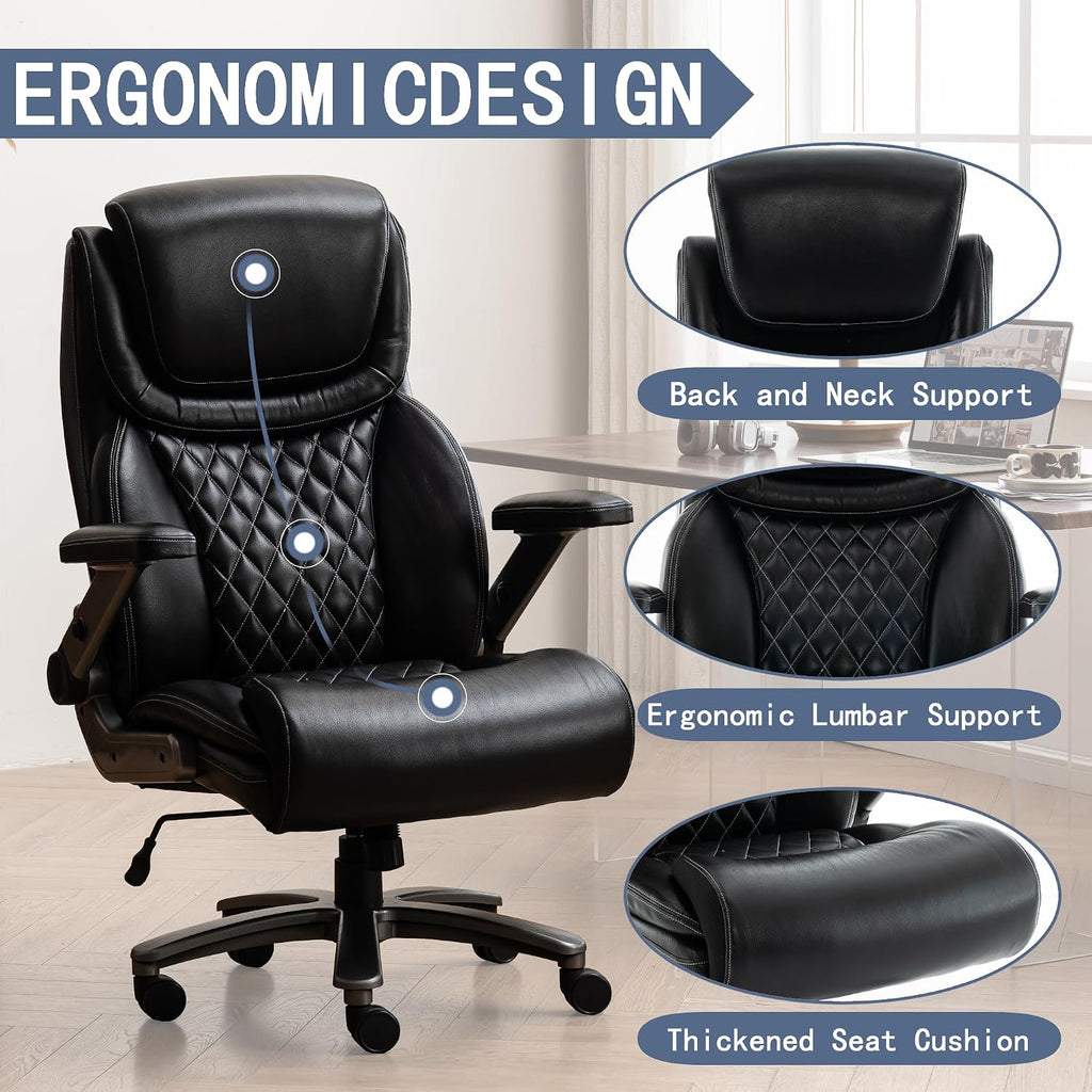 Vigosit 500 lbs Executive Office Chair for Big and Tall, Ergonomic High-Back Desk Chair with Adjustable Headrest, 3D Reversible Armrests, Silent Casters, Heavy Duty PU Leather Computer Chair (Black)