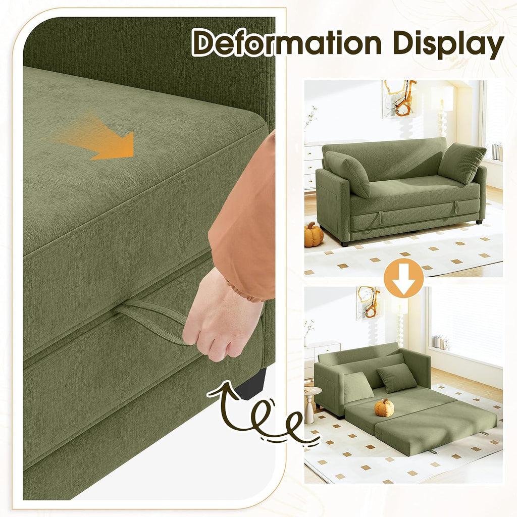 65' Convertible Loveseat Sleeper Sofa Bed, 2 in1 Folding Sofa Bed, Loveseat Sofa for Small Spaces, Fold Out Floor Couch with 2 Pillows for Apartment, Office & Guest Room (Green Chenille, 65 inch)