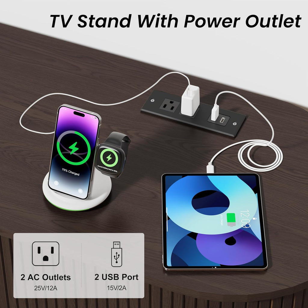 DHH 55 Inch Mid Century Modern TV Stand with Power Outlet for TVs up to 60 Inch, Entertainment Center with Storage and Adjustable Shelves, Media Console with Sliding Doors for Living Room(Dark Walnut)