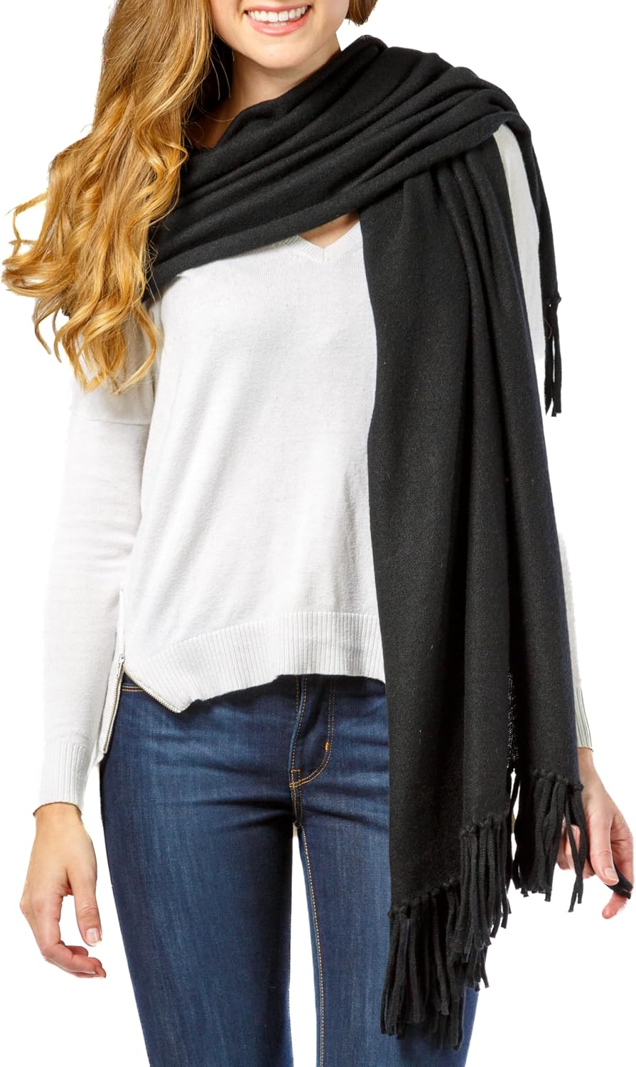 Fishers Finery Women's 100% Cashmere Knit Shawl Wrap with Fringe | Oversized 78' long by 28' wide