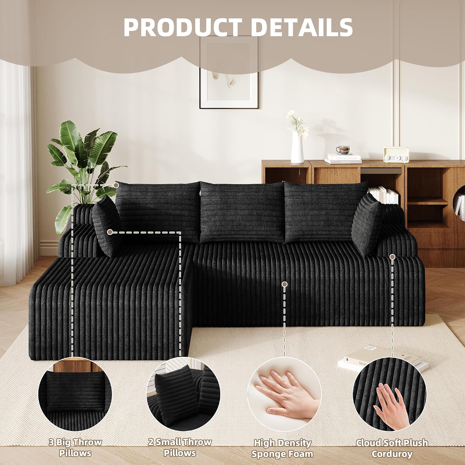 2026 New Boneless Couch, No Assembly Cloud Couch Sectional with Deep Seat & Chaise for Small Spaces, Upholstered Boneless Sectional Couch for Living Room, L Shaped Couch with Left Facing Chaise, Black