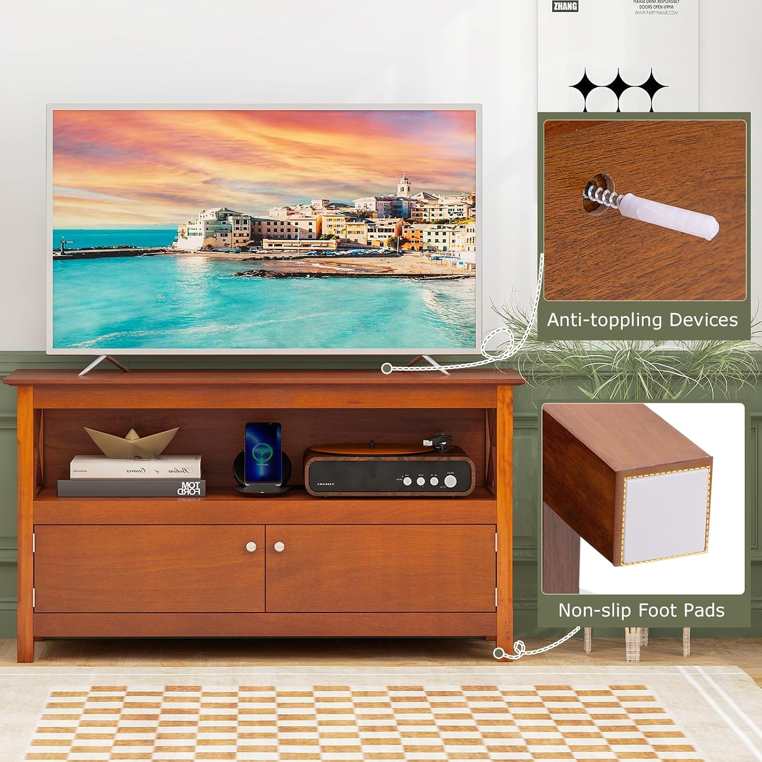 Tangkula Wooden TV Stand for TVs Up to 50 Inch, X Shape Console Storage Cabinet, Entertainment Center with 2 Doors & Shelf, Home Living Room Furniture, Farmhouse TV Storage Console (Coffee)