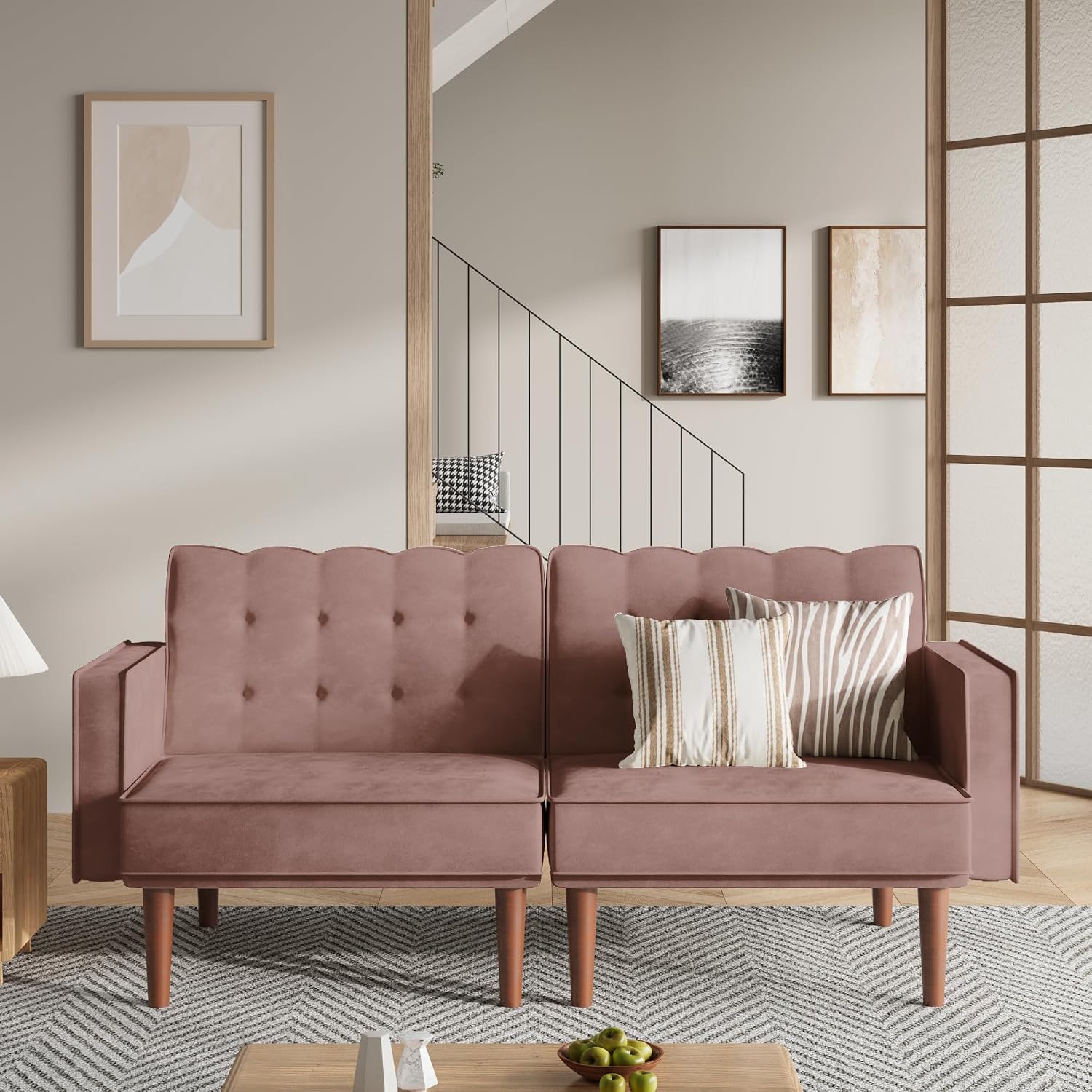Furnify 71' Velvet Futon Sofa Bed, Versatile Loveseat Couch, Sleeper Sofa with Adjustable Backrest, Mid Century Modern Futon Couch for Small Space, Living Room, Office & Apartment, Velvet Fabric Pink