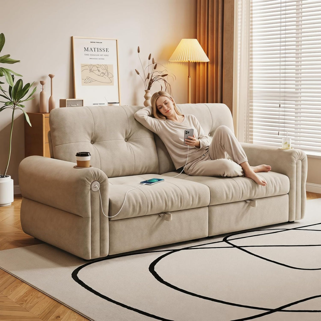 Convertible Couches, Queen Size Pull Out Sofa Bed with USB Charging Port and Cup Holders, Plannelette Fabric Convertible Sofa Bed for Small Space, Living Room, Apartment, Guest Room, Beige