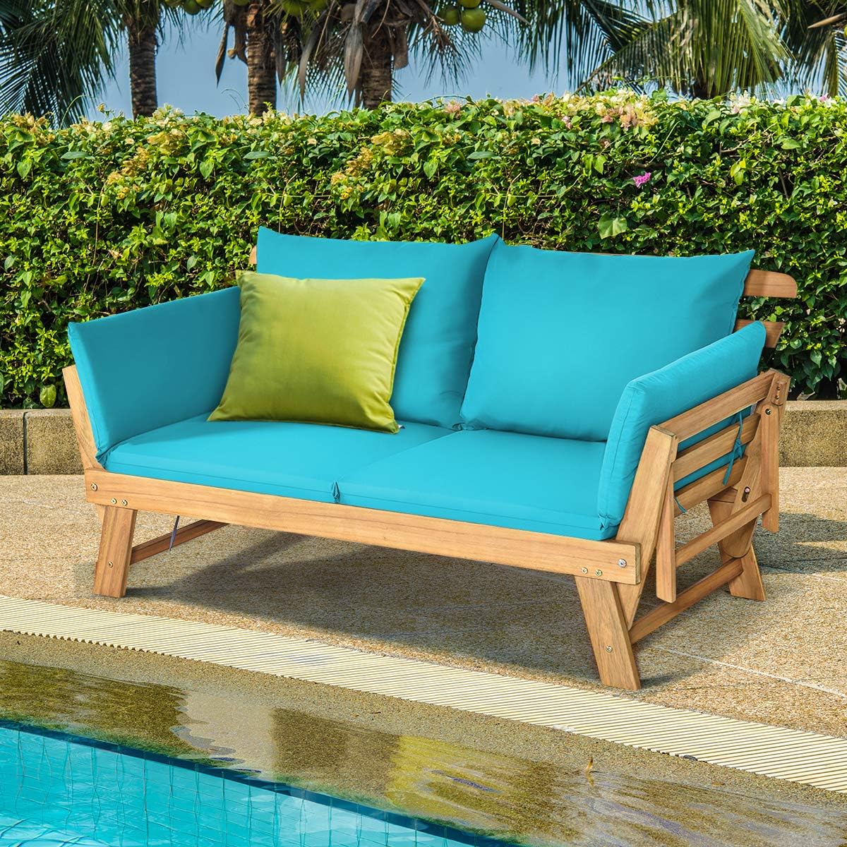 Tangkula Convertible Acacia Wood Patio Couch Sofa Bed with Adjustable Armrest, Outdoor Daybed with Cushion & Pillows, Outside Folding Futon Sofa Couch Bench for Porch, Courtyard, Poolside & Garden