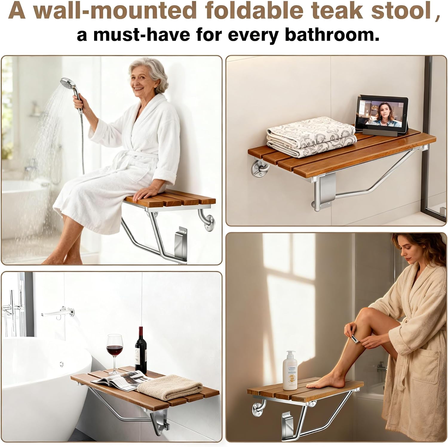 20'' Folding Shower Seat Wall Mounted, Folding Shower Bench with Stainless Steel Bracket, 500lb Load Capacity, for Elderly, Pregnant Women, Kids, Disabled