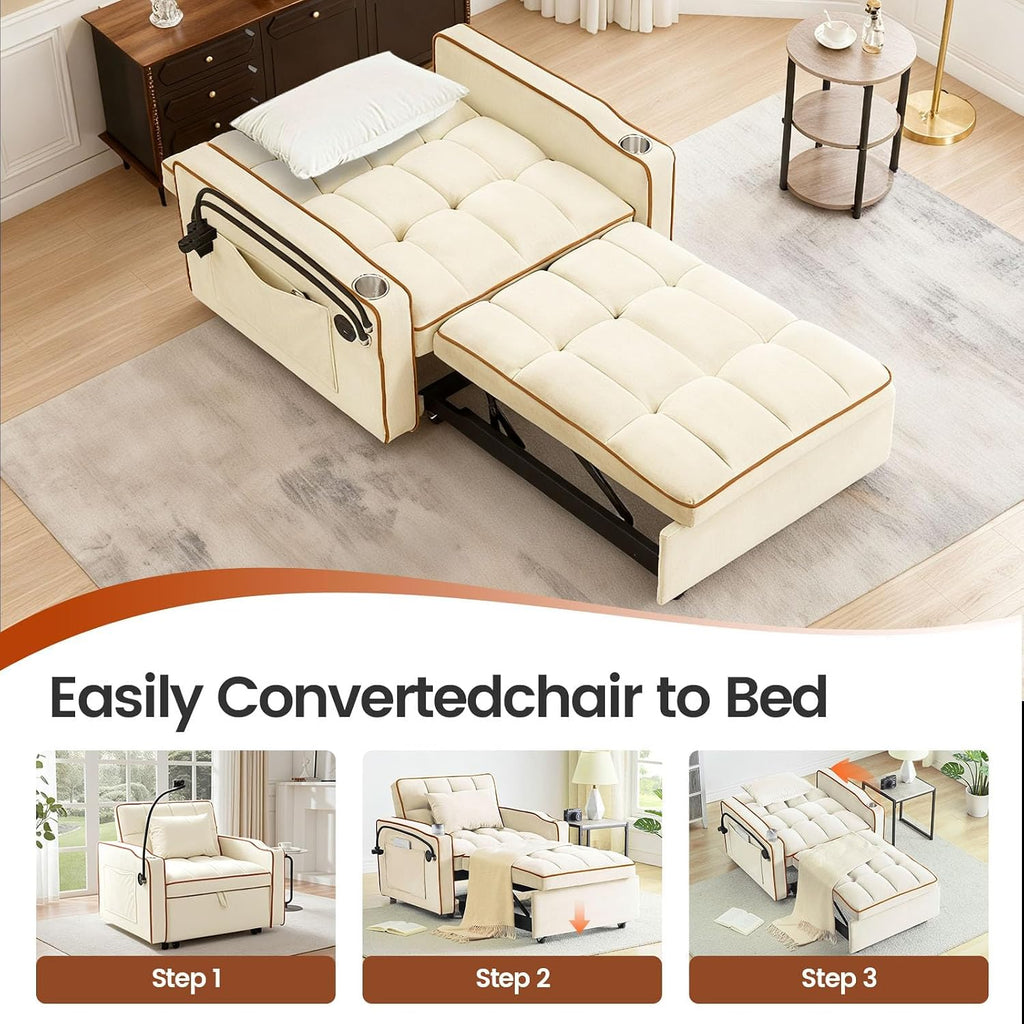 Convertible Sleeper Chair, Chairs Bed Sleepers for Adults, Pull Out Chair Sleeper with Bracket and Cup Holder, 3 in 1 Sofa Bed Chairs for Small Spaces, Living Room, White