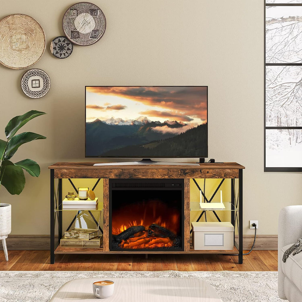 HOOBRO Fireplace TV Stand with Charging Station and LED Lights, TV Stand with Fireplace for TVs up to 55', Entertainment Center with Fireplace, Glass Shelves, Rustic Brown and Black BF120UDDS01