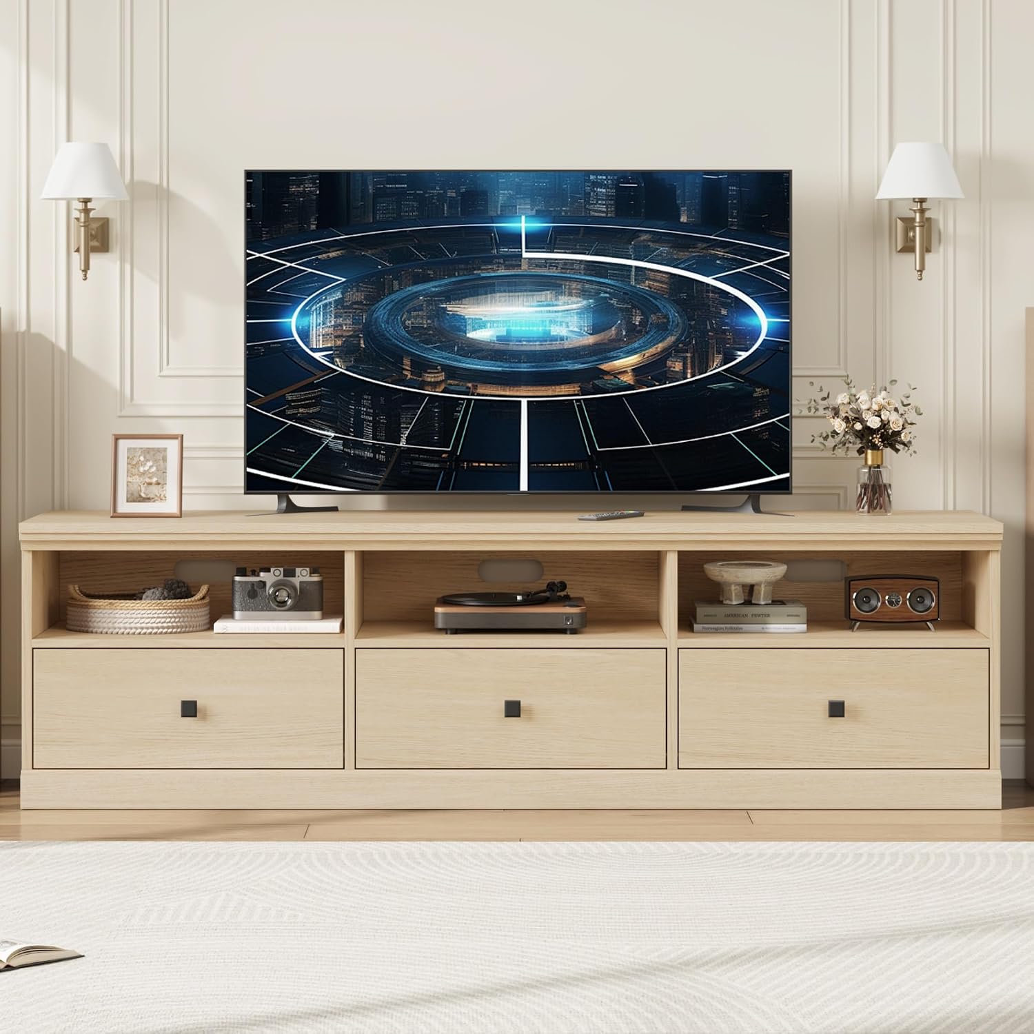 IDEALHOUSE 70in TV Stand for TVs up to 80', Mid Century Modern Entertainment Center with Storage Drawer and Open Shelves, TV Console Media Cabinet for Living Room, Bedroom, Light Oak