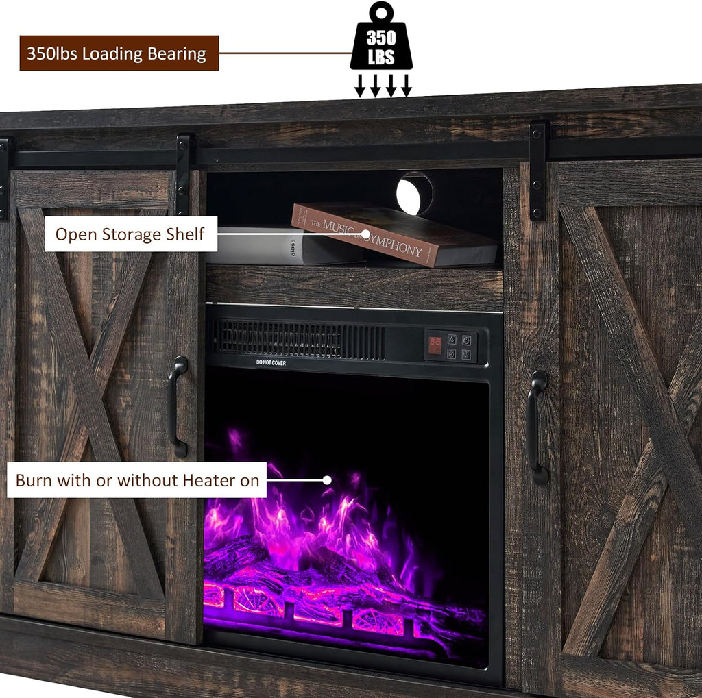 AMERLIFE Fireplace TV Stand with Sliding Barn Door for TVs up to 73', Farmhouse 63' Fireplace Entertainment Center with Storage Cabinets/Adjustable Shelves, Dark Rustic Oak