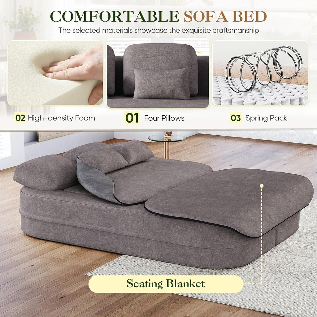 Antetek Convertible Sleeper Sofa, Modern Folding Futon Chenille Floor Foam Compression Loveseat Sofa Bed Couch, Foldable Full Size Guest Bed with 4 Pillows for Living Room Bedroom Apartment, Grey