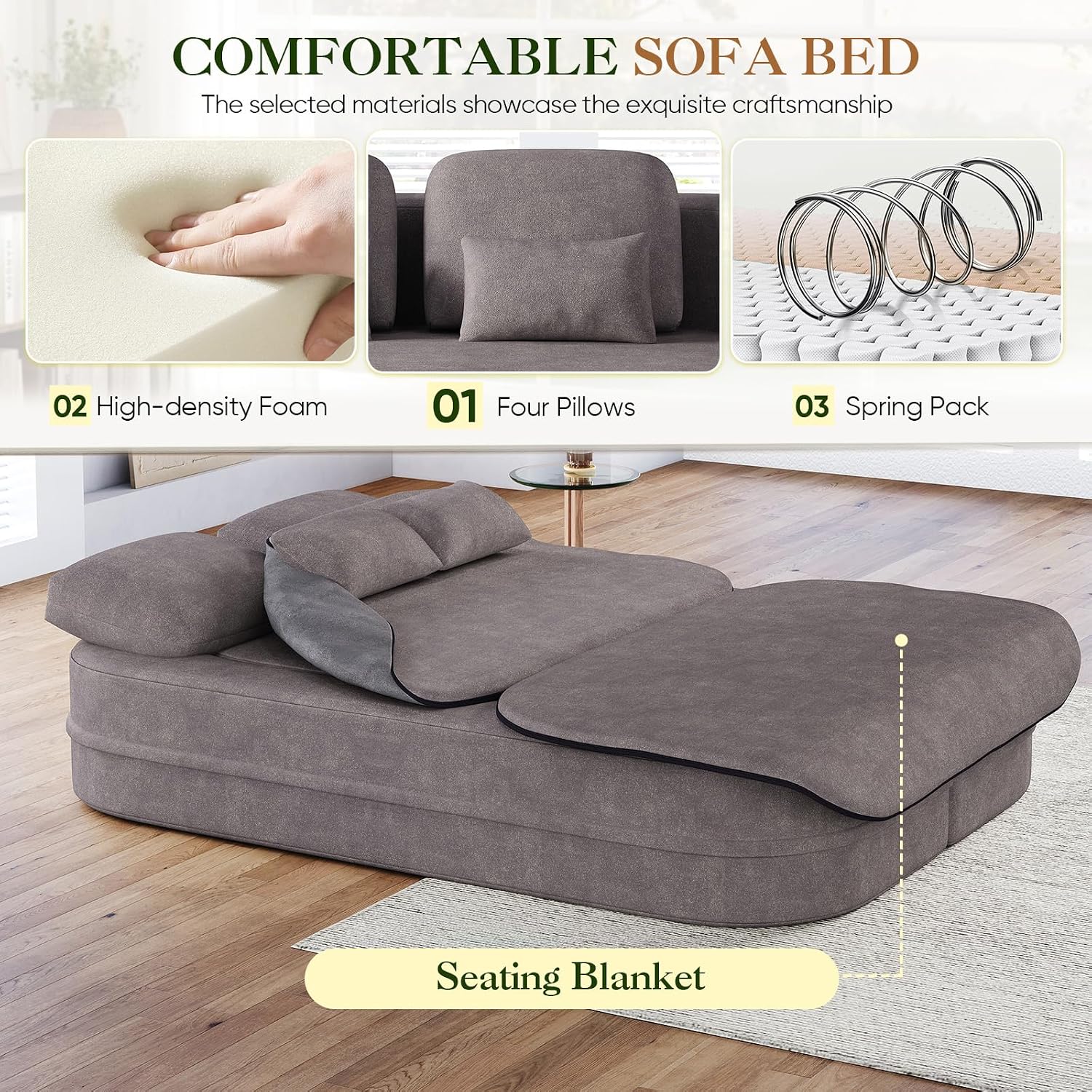 Antetek Convertible Sleeper Sofa, Modern Folding Futon Chenille Floor Foam Compression Loveseat Sofa Bed Couch, Foldable Full Size Guest Bed with 4 Pillows for Living Room Bedroom Apartment, Grey