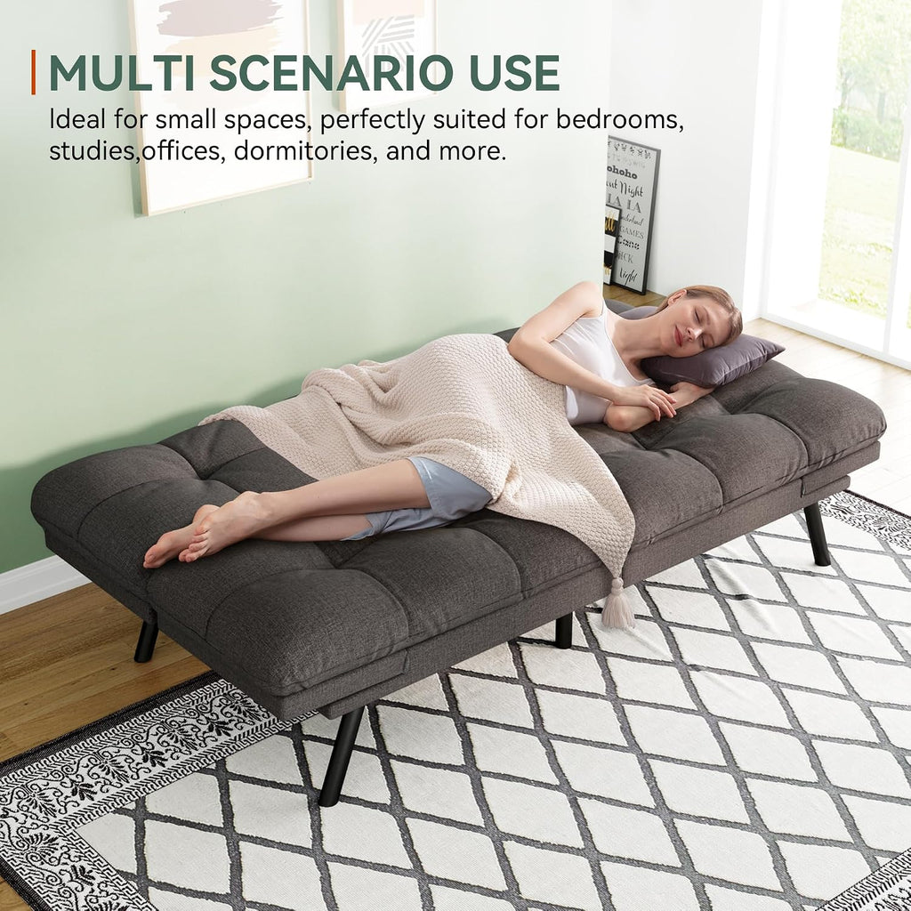 Opoiar Convertible Futon Sofa Bed,71' Memory Foam Futon Couch,Detachable Cushion,Adjustable Backrest & Armrest,Linen Modern Loveseat Sleeper Recliner for Living Room,Office,Apartment,Classic Grey