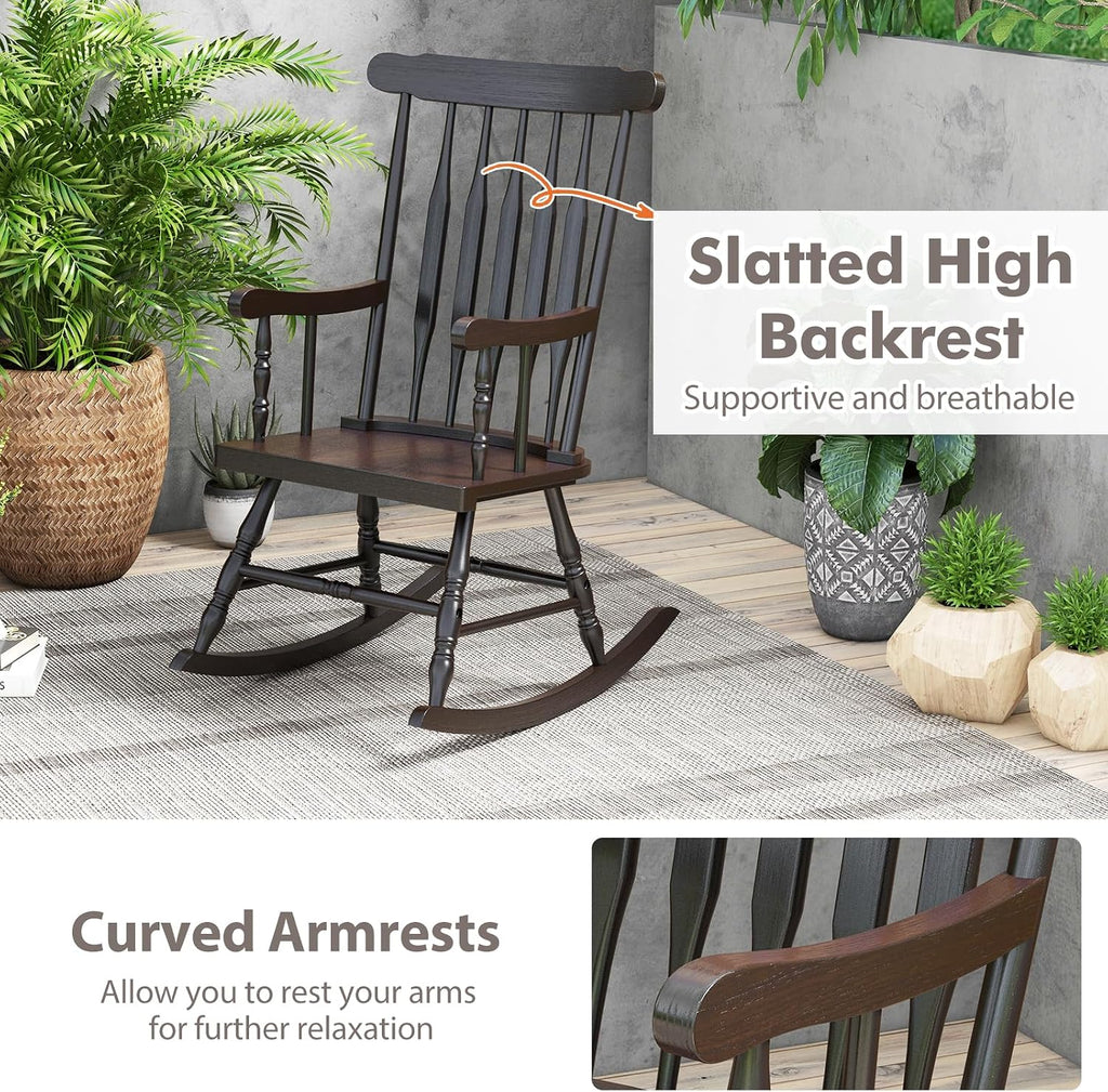 Tangkula Patio Rocking Chair Solid Rubber Wood, Outdoor Porch Rocker Chair with Rubber Wood Frame, Indoor Wooden Rocking Chair, Ideal for Garden, Backyard & Balcony (2, Espresso)